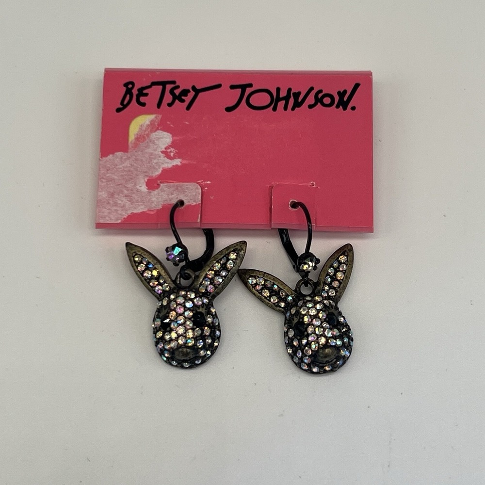 Betsey Johnson Vintage Dark Forest Rabbit Bunny Head Crystal‎ AB Paved Earrings